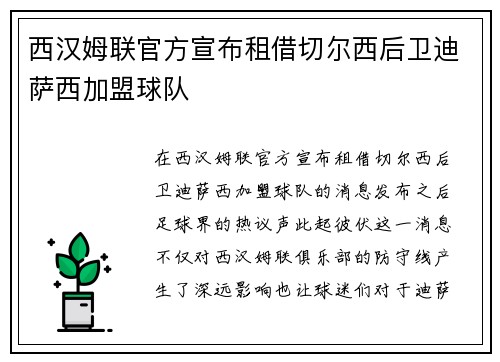 西汉姆联官方宣布租借切尔西后卫迪萨西加盟球队