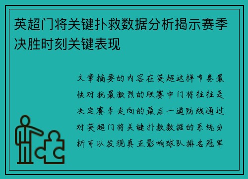 英超门将关键扑救数据分析揭示赛季决胜时刻关键表现